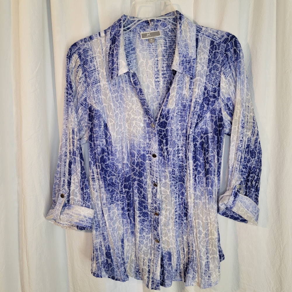 JM Collection Slim-fit Blue and White Patterned Blouse With Clear Sequins